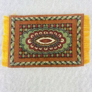 Tobacco Silk Premium Felt Dollhouse Rug With Fringe 5" X 3 1/8" Brown Gold Green